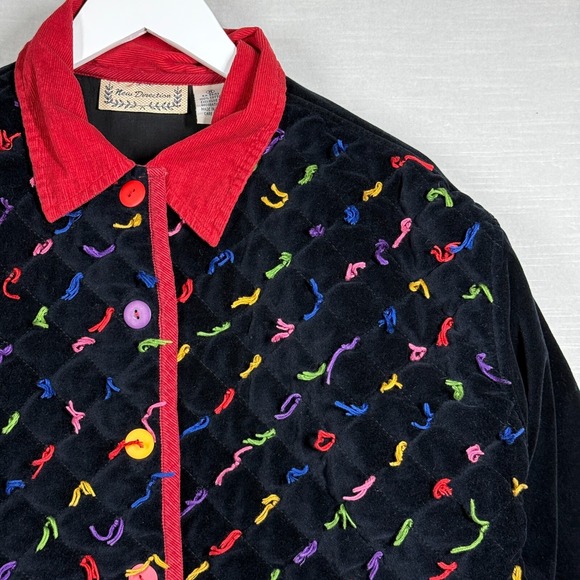 Vintage New Direction Jacket Womens M Navy Velvet Colorful Quilted Artsy Unique - Picture 3 of 12